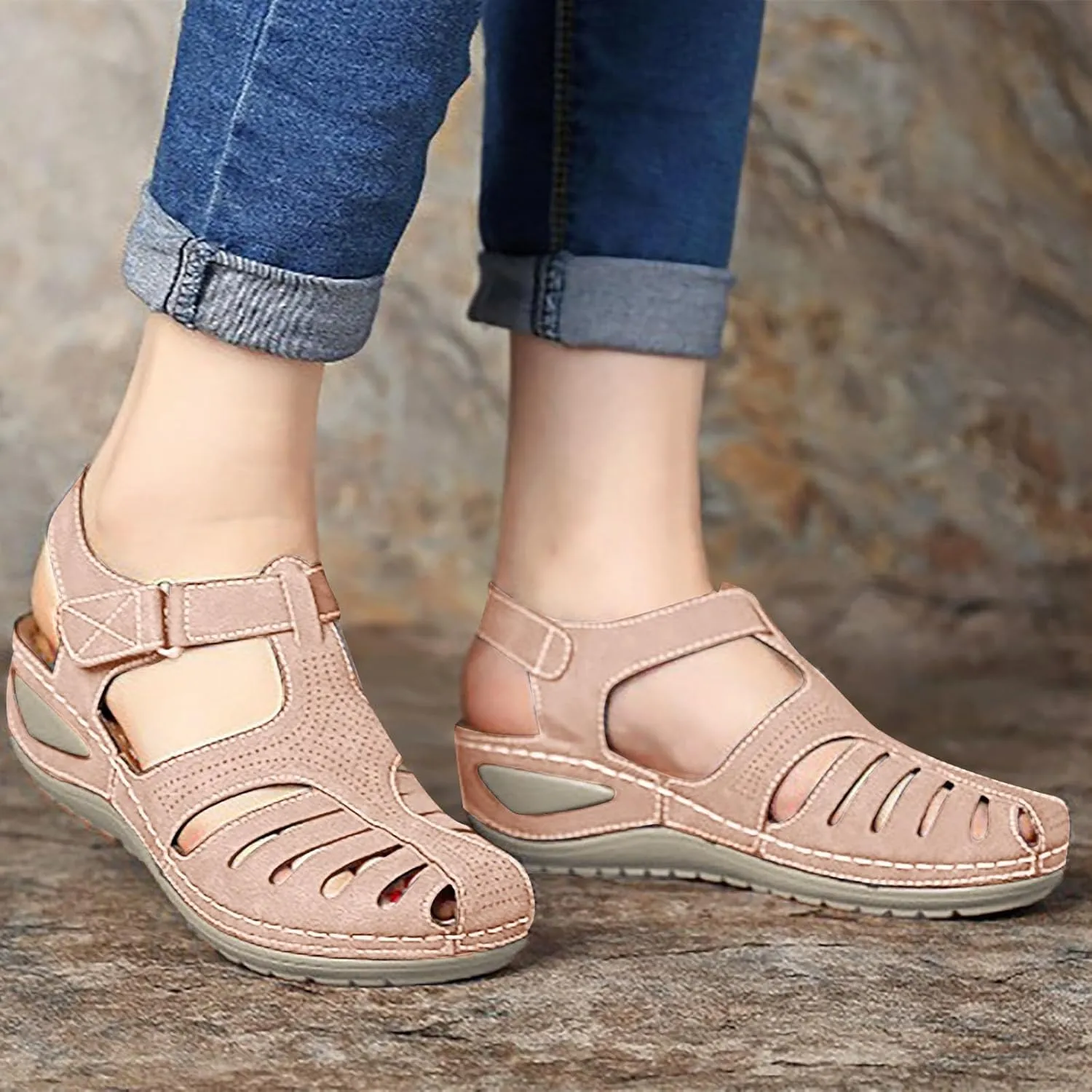 Womens Arch Support Orthopedic Sandals Adjustable Ankle Strap Wedge Sandals Summer Hollow Out Closed Toe Shoes