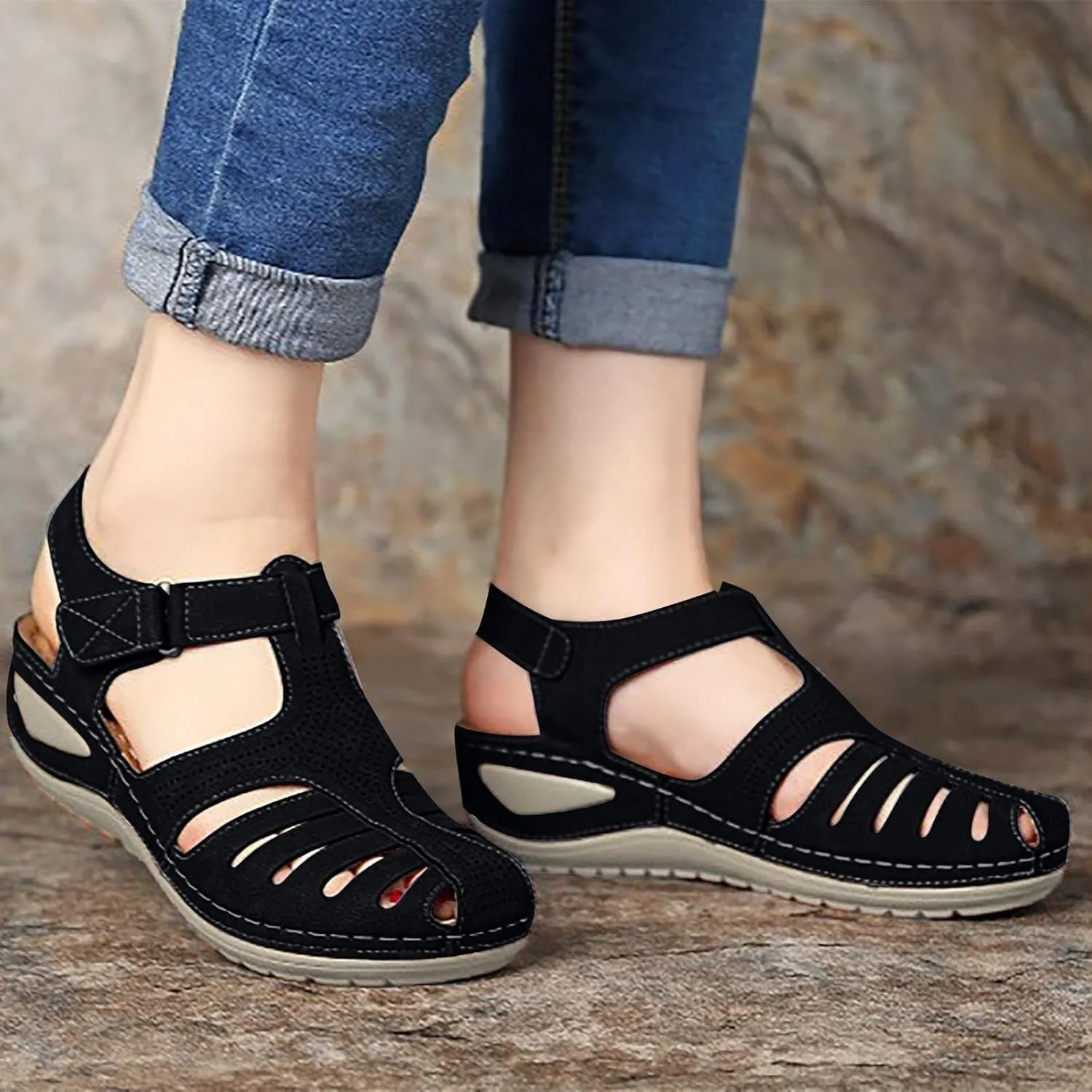 Womens Arch Support Orthopedic Sandals Adjustable Ankle Strap Wedge Sandals Summer Hollow Out Closed Toe Shoes