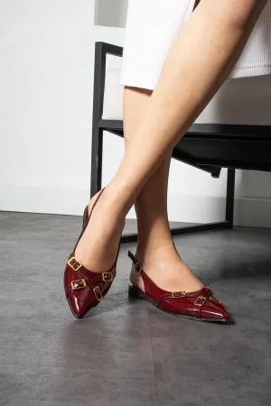 Women's Ballet Flats with Cross Band Buckle Burgundy Patent Leather