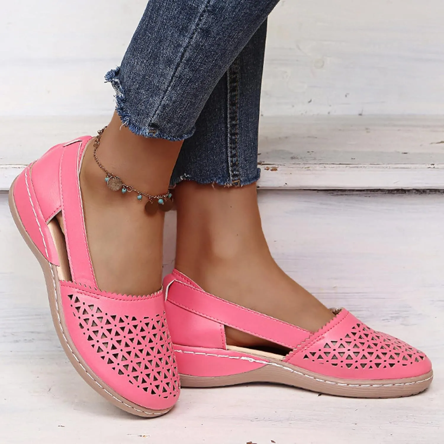 Women's Baotou Hollow Wedge Sandals, 2025 Summer Round Closed Toe Low Heel Sandal, Comfortable Lightweight Dressy Shoes