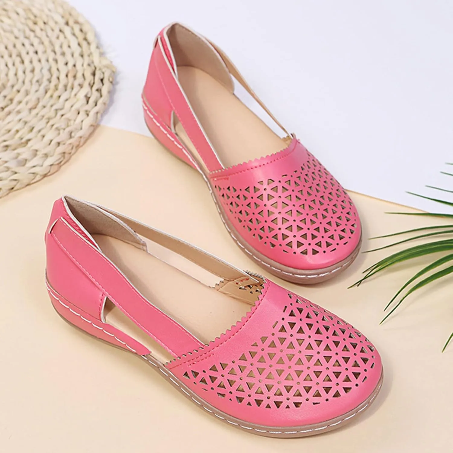 Women's Baotou Hollow Wedge Sandals, 2025 Summer Round Closed Toe Low Heel Sandal, Comfortable Lightweight Dressy Shoes