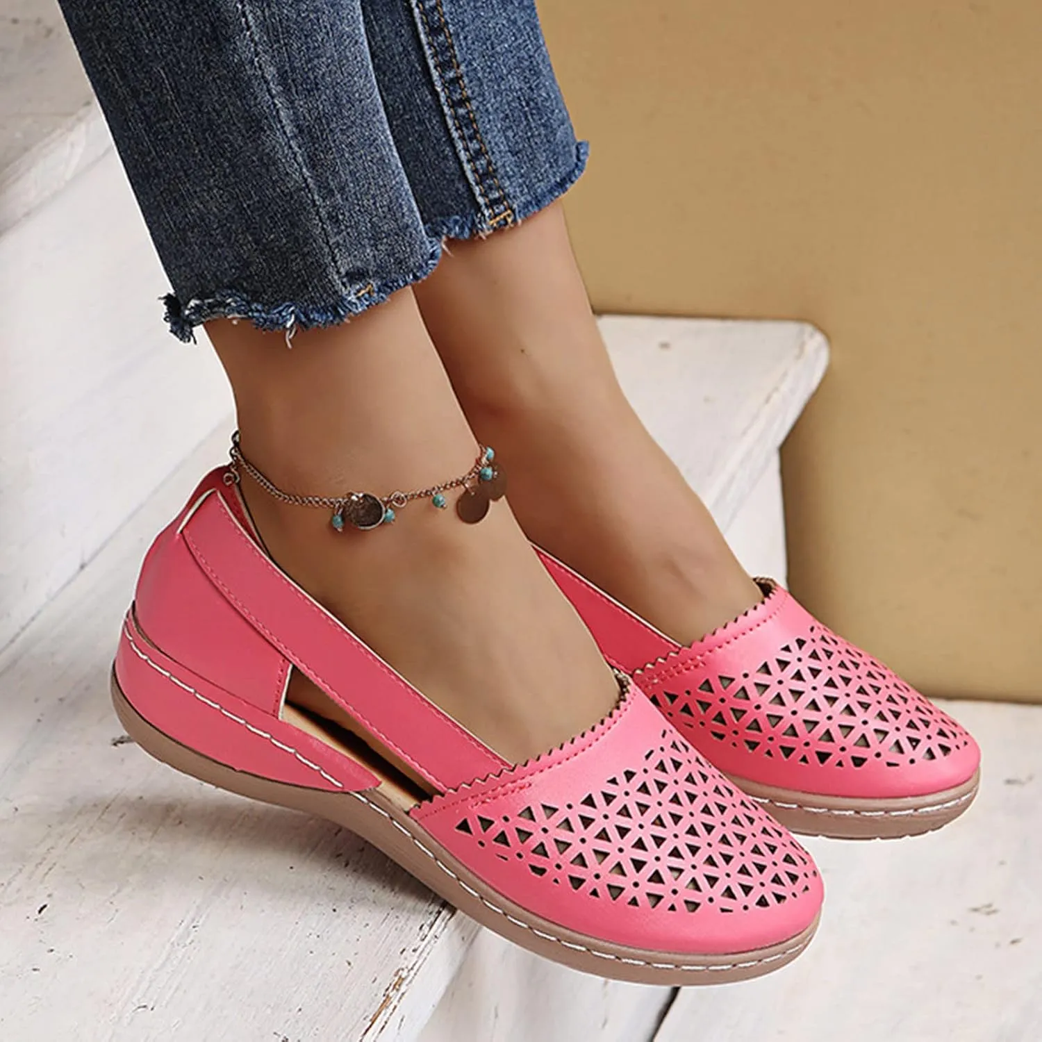Women's Baotou Hollow Wedge Sandals, 2025 Summer Round Closed Toe Low Heel Sandal, Comfortable Lightweight Dressy Shoes