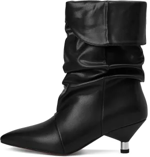 Womens black Boots Slouchy Mid Calf Wide Boots For Women Kitten Heel with Pointed Toe Pull On Boots Fall Winter Booties