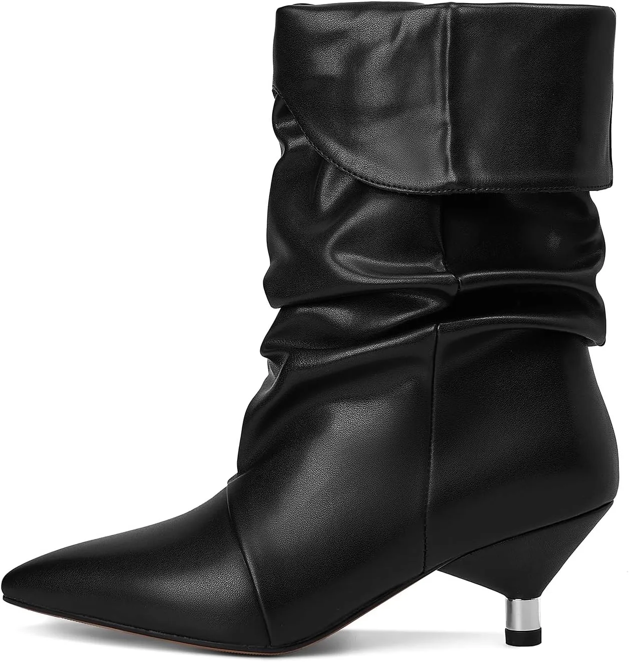 Womens black Boots Slouchy Mid Calf Wide Boots For Women Kitten Heel with Pointed Toe Pull On Boots Fall Winter Booties