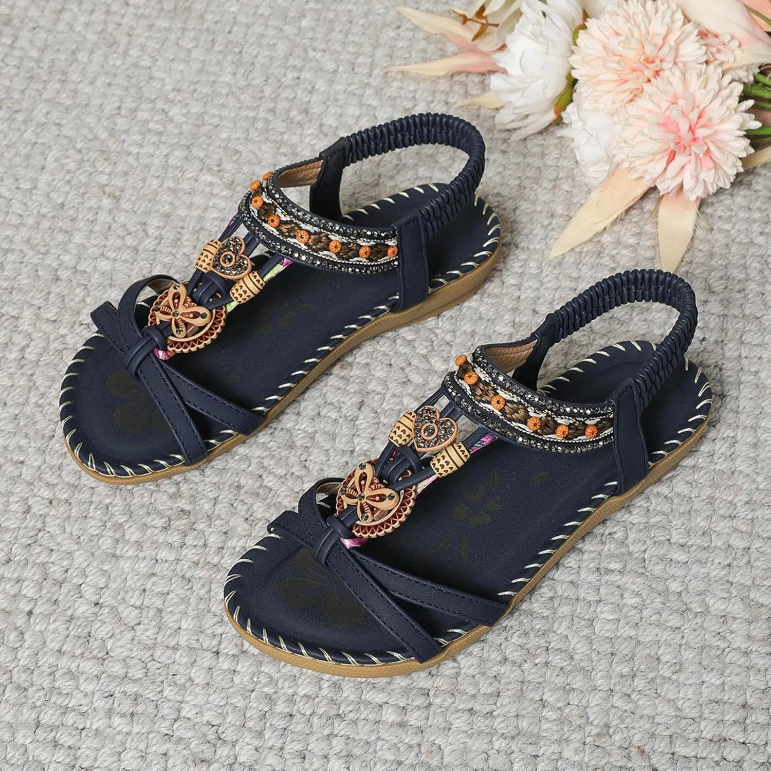 Women's Bohemian Flat Sandals Summer Beach Slide Shoes with Arch Support Casual Dressy Ethnic Style Low Heel