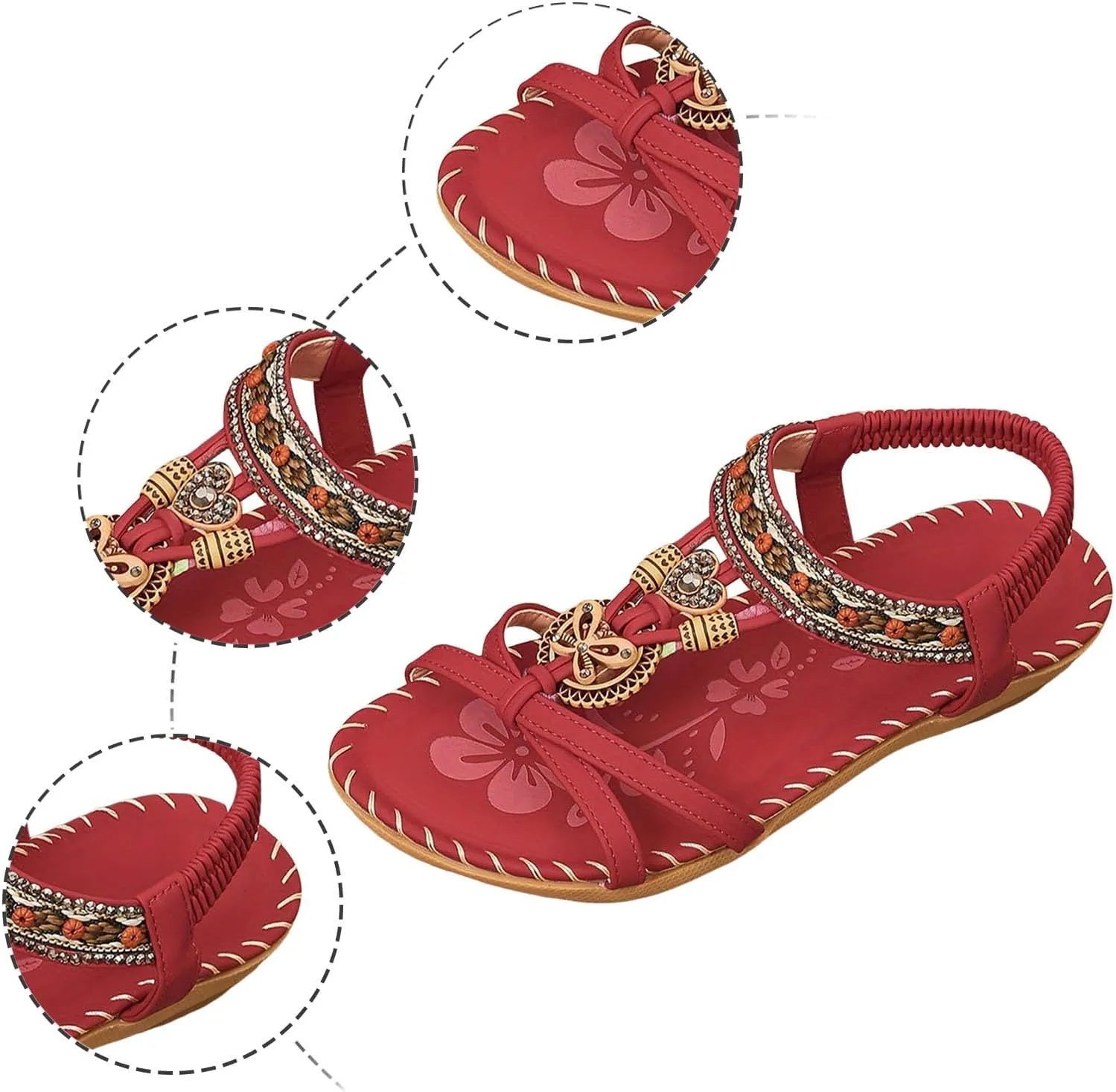 Women's Bohemian Flat Sandals Summer Beach Slide Shoes with Arch Support Casual Dressy Ethnic Style Low Heel
