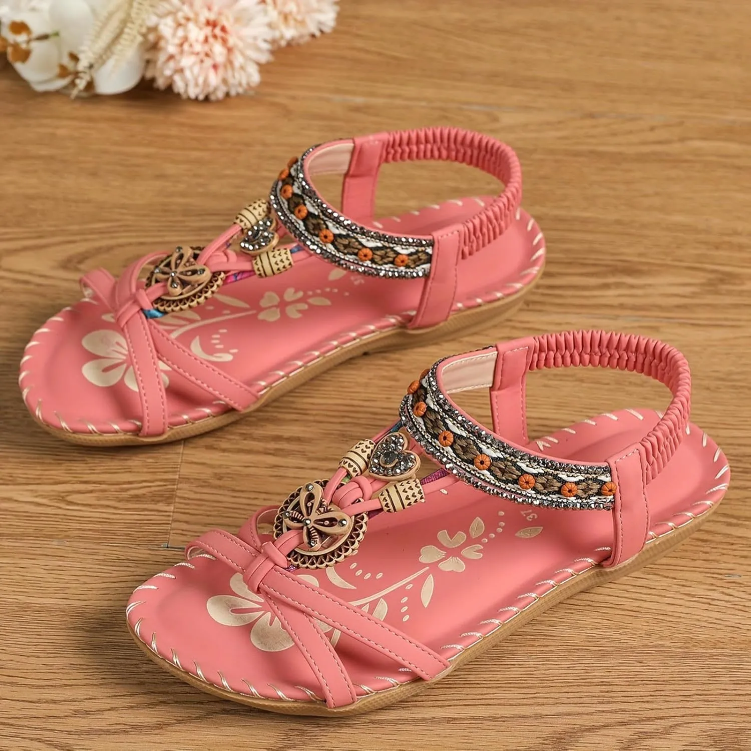 Women's Bohemian Flat Sandals Summer Beach Slide Shoes with Arch Support Casual Dressy Ethnic Style Low Heel