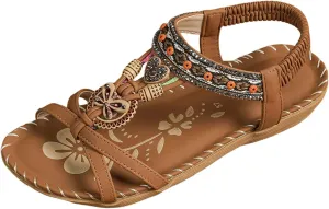 Women's Bohemian Flat Sandals Summer Beach Slide Shoes with Arch Support Casual Dressy Ethnic Style Low Heel