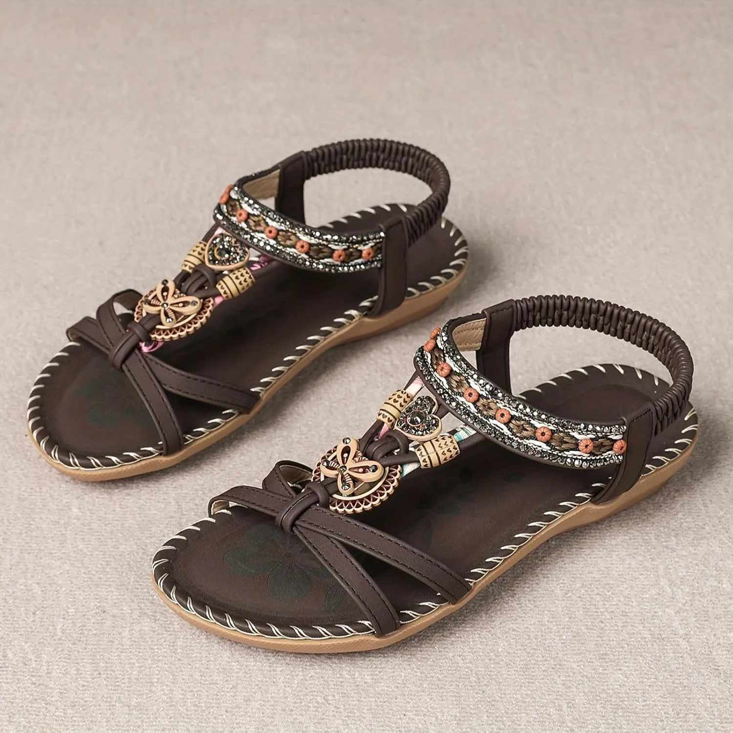 Women's Bohemian Flat Sandals Summer Beach Slide Shoes with Arch Support Casual Dressy Ethnic Style Low Heel