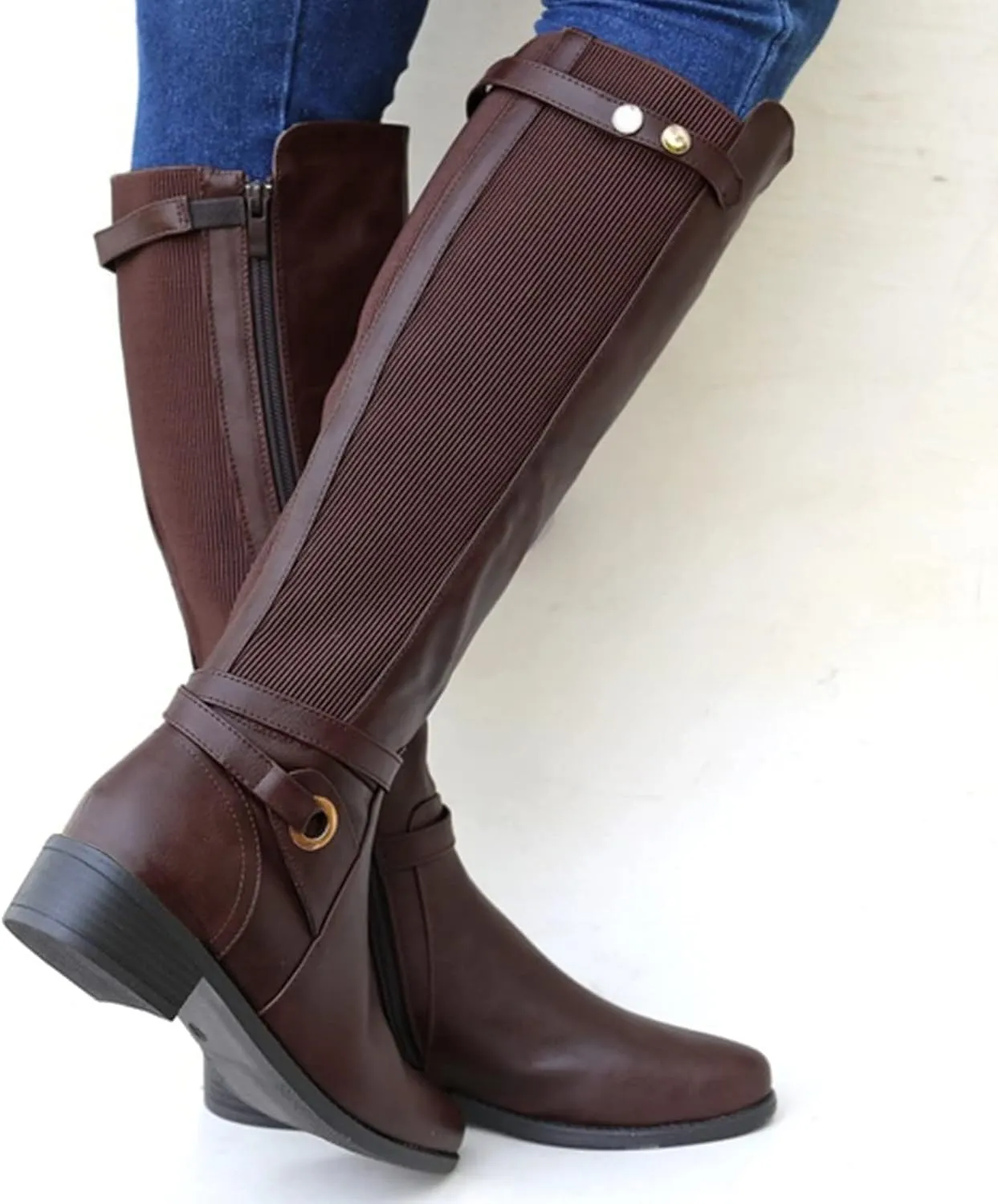 Womens Boots Exquisite Leather Side Zipper Chunky Heel Boots for Women Elegant Buckle Cozy Winter Mid-Calf Boots