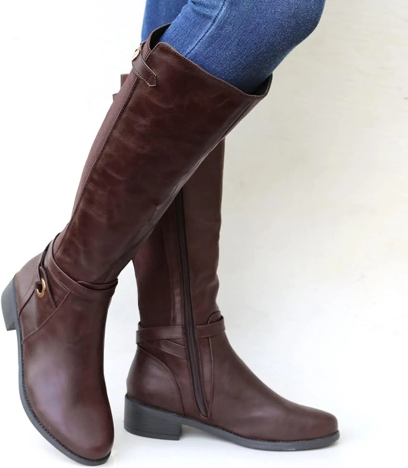 Womens Boots Exquisite Leather Side Zipper Chunky Heel Boots for Women Elegant Buckle Cozy Winter Mid-Calf Boots