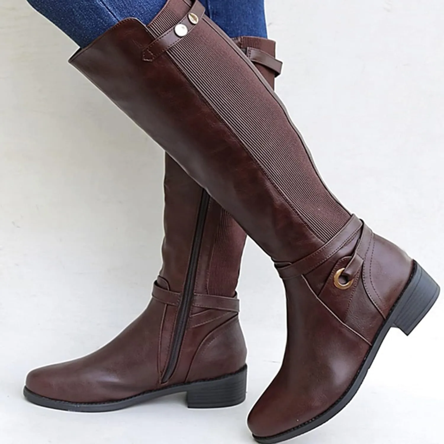 Womens Boots Exquisite Leather Side Zipper Chunky Heel Boots for Women Elegant Buckle Cozy Winter Mid-Calf Boots