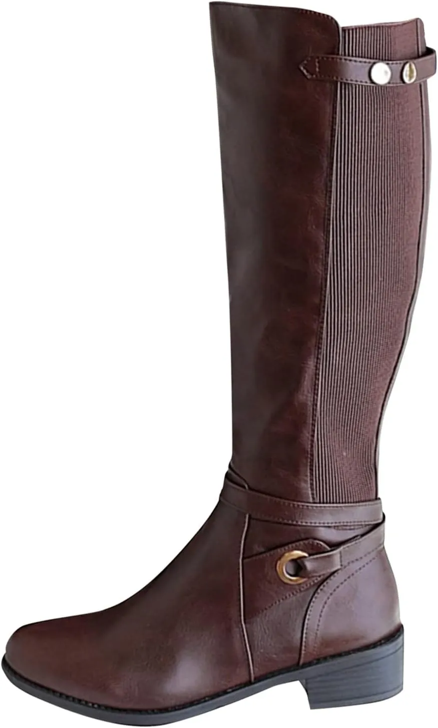 Womens Boots Exquisite Leather Side Zipper Chunky Heel Boots for Women Elegant Buckle Cozy Winter Mid-Calf Boots