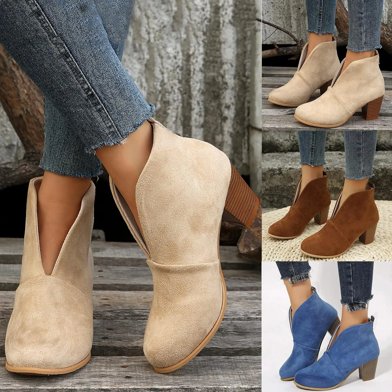 Womens Boots Platform Low Heel Ankle Boots Western Cowboy Pointed Toe Fashion Retro Classic Pull-On Ankle Booties