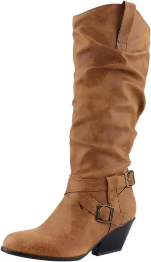 Womens Boots Retro Leather Fashion Chunky Heel Pleated Boots for Women Round Toe Zipper Cozy Mid-Calf Boots