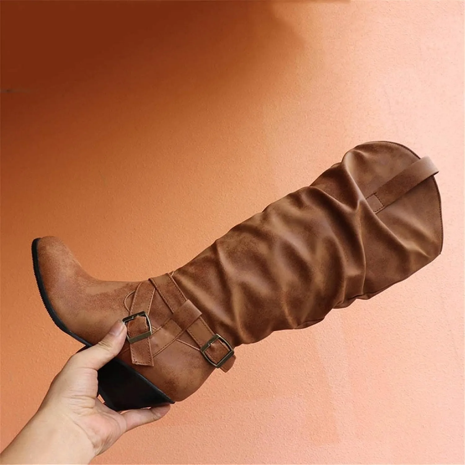 Womens Boots Retro Leather Fashion Chunky Heel Pleated Boots for Women Round Toe Zipper Cozy Mid-Calf Boots