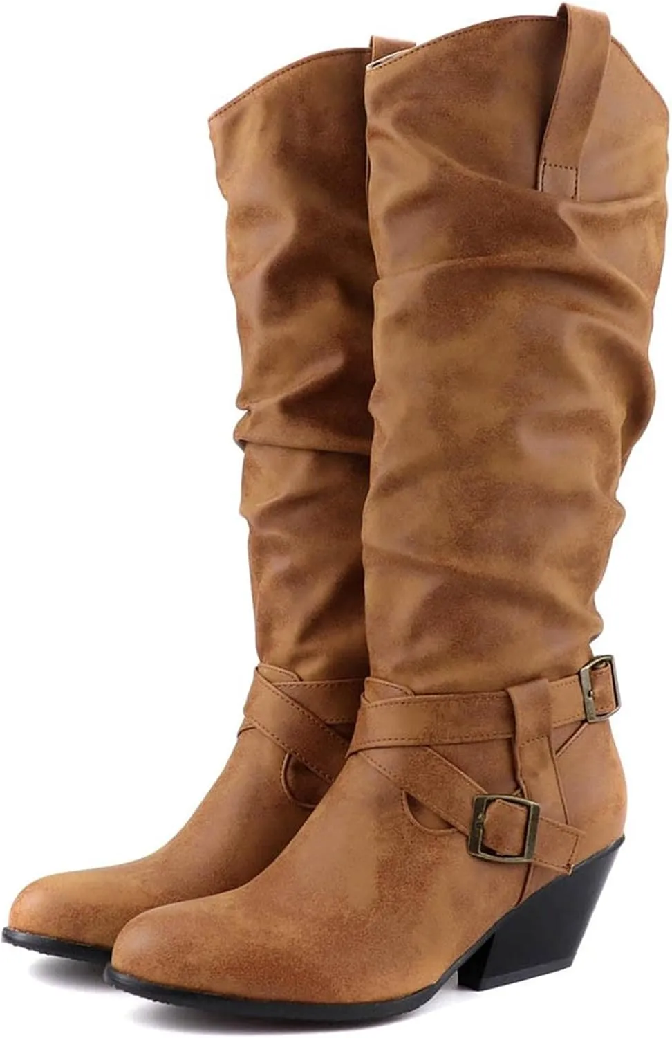 Womens Boots Retro Leather Fashion Chunky Heel Pleated Boots for Women Round Toe Zipper Cozy Mid-Calf Boots