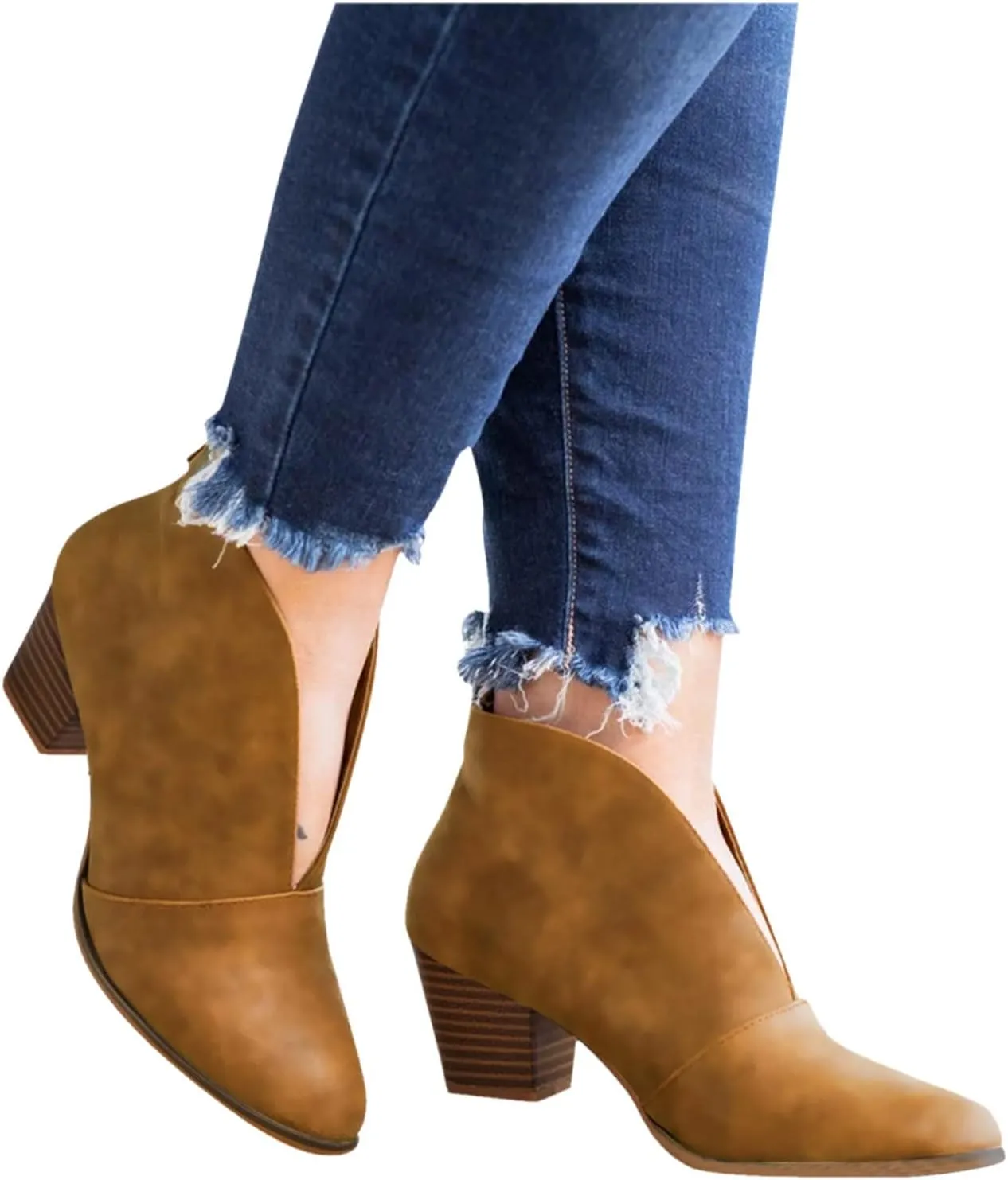 Womens Boots Retro PU Leather Chunky Heels V-shaped Boots for Women Round Toe Comfortable Casual Ankle Boots