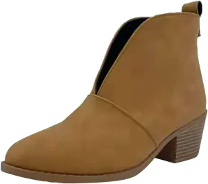 Womens Boots Retro PU Leather Chunky Heels V-shaped Boots for Women Round Toe Comfortable Casual Ankle Boots