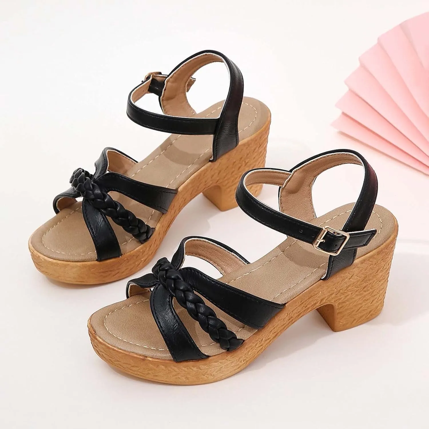 Women's Braided Leather Wedge Sandal Strappy Hook and Eye High Heel Solid Summer Spring Sandals Elegant Platform Shoe