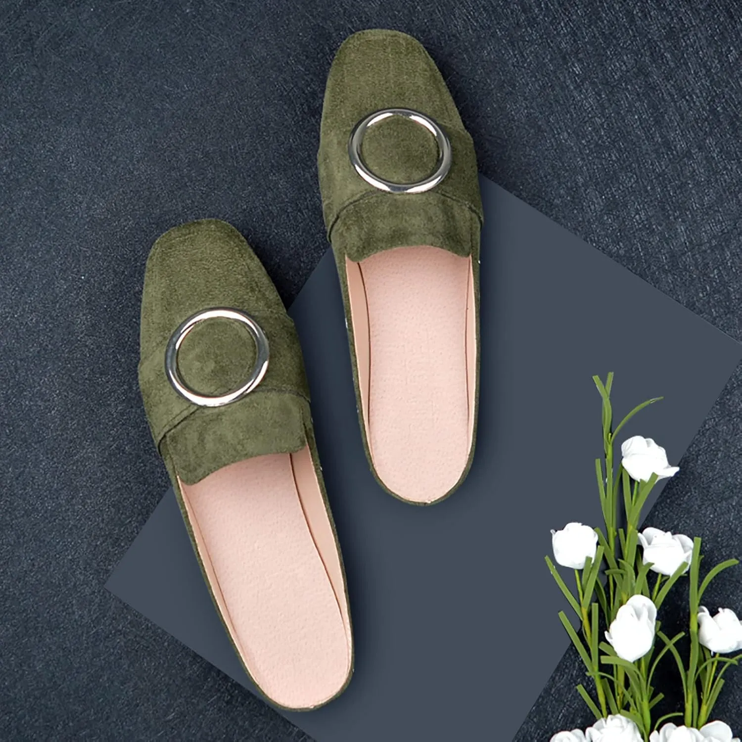 Women's Buckle Mules Suede Flat Loafers Comfort Dressy Work Flats Close Toed Office Shoes Slip On Leather Shoes
