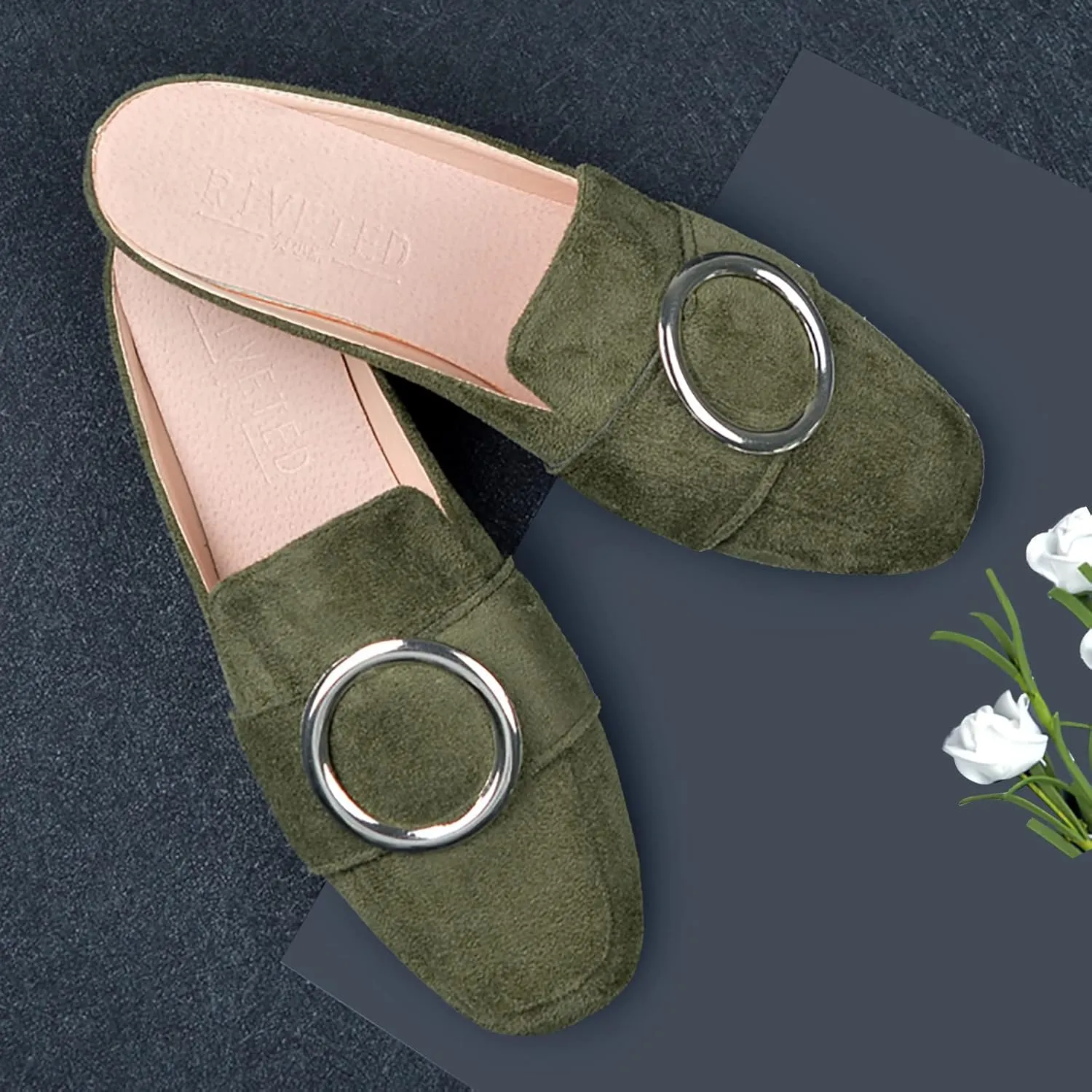 Women's Buckle Mules Suede Flat Loafers Comfort Dressy Work Flats Close Toed Office Shoes Slip On Leather Shoes