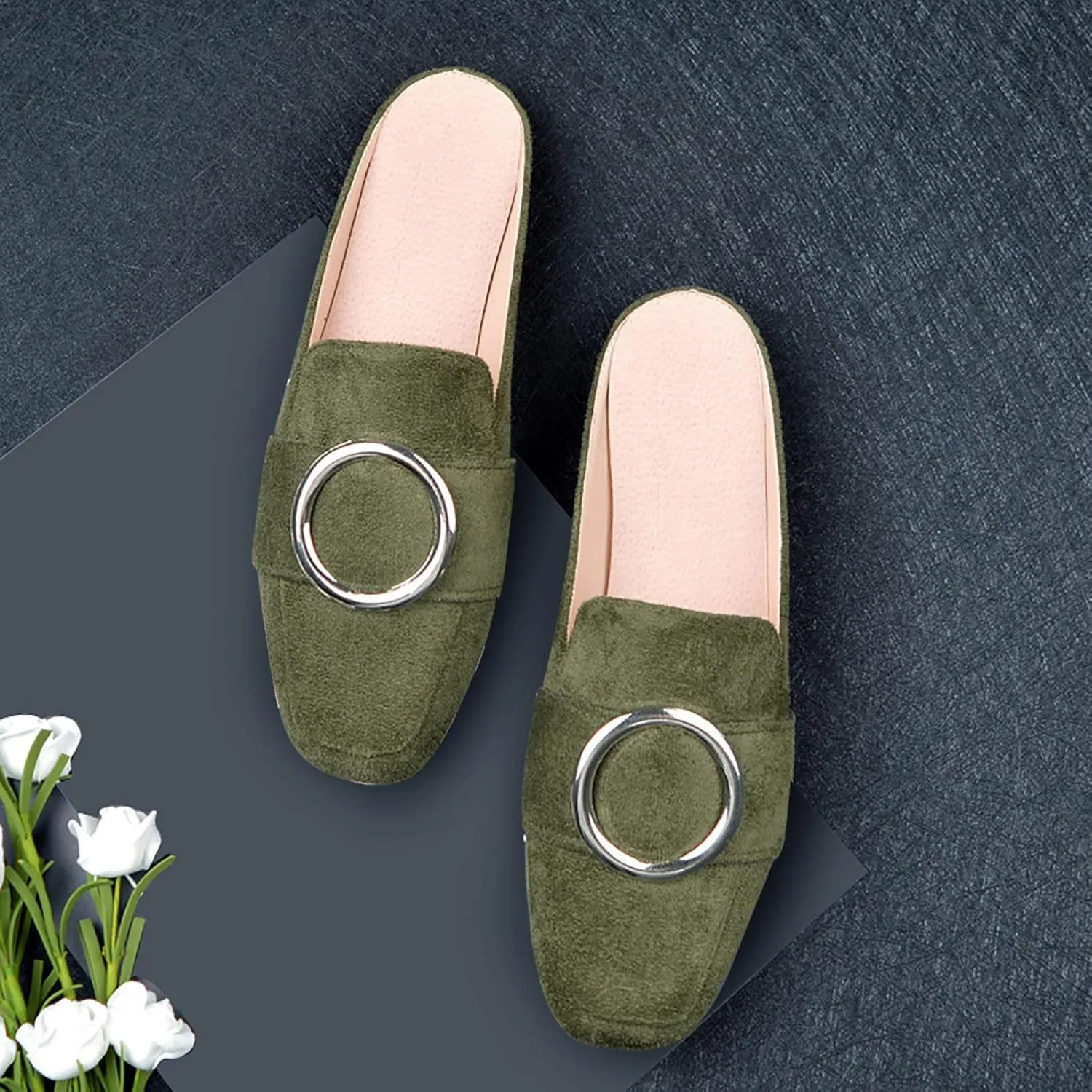 Women's Buckle Mules Suede Flat Loafers Comfort Dressy Work Flats Close Toed Office Shoes Slip On Leather Shoes