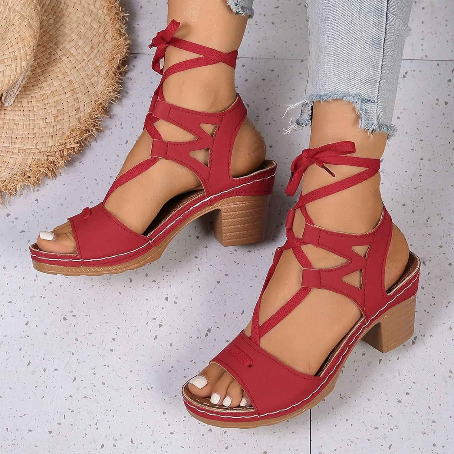 Women's Chunky Heel Sandals Summer Fashion Fish Mouth High Heel Strap Wrap Denim Sandals for Women with Heels