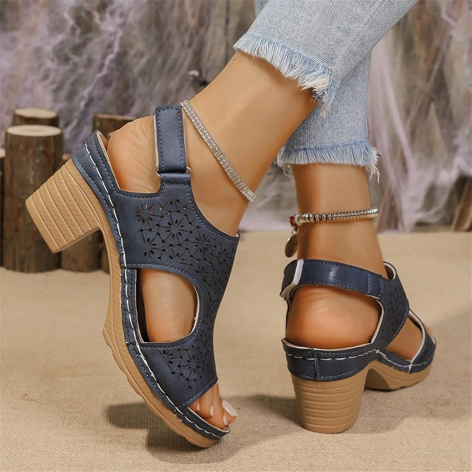 Womens Chunky Heel Sandals Wide Width Open Toe Ankle Buckle Strap Platform Wedge Sandals Casual Roman Style Walking Sandal