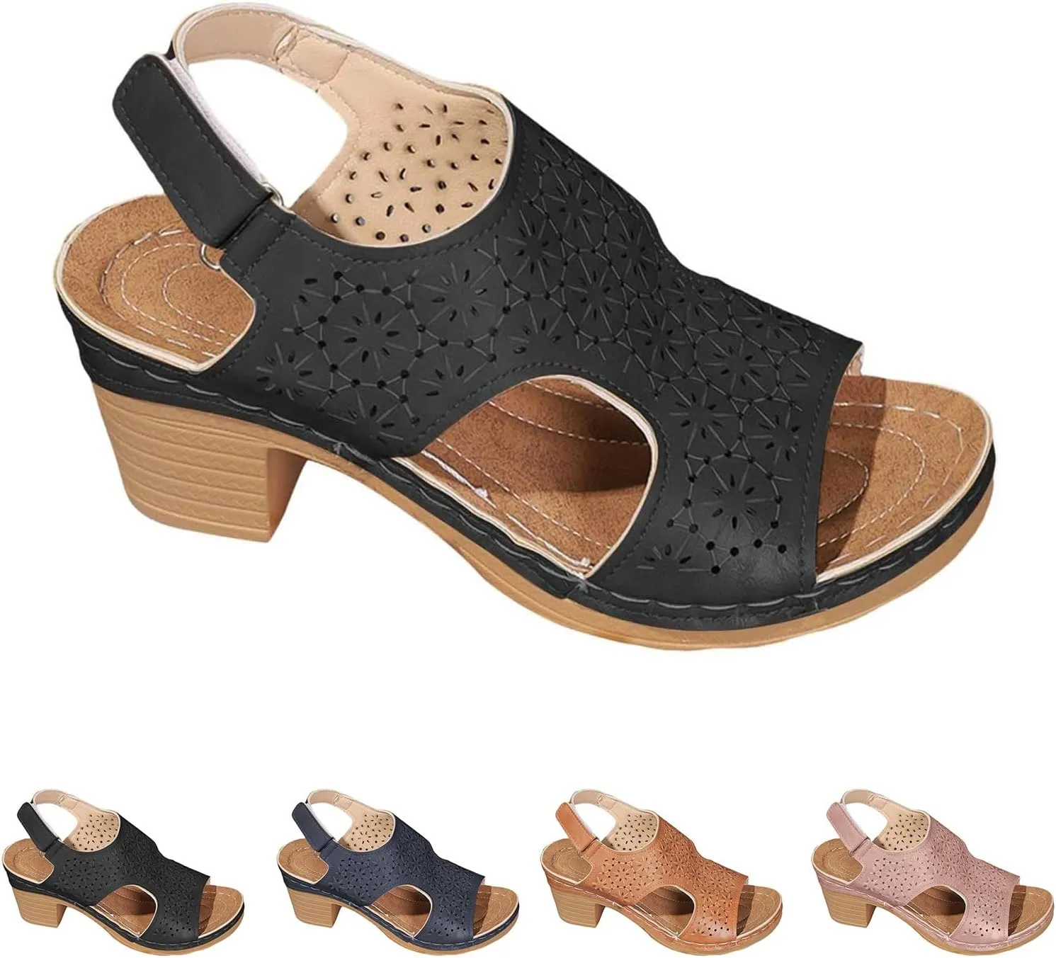 Womens Chunky Heel Sandals Wide Width Open Toe Ankle Buckle Strap Platform Wedge Sandals Casual Roman Style Walking Sandal