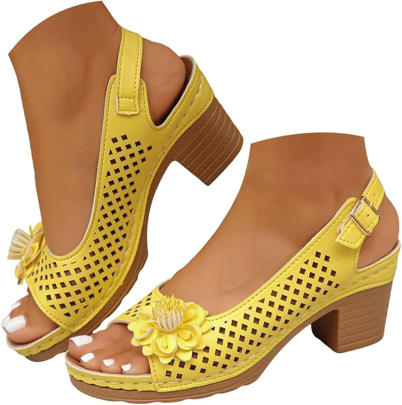 Womens Chunky High Block Heels with Ankle Strap Fish Mouth Flowers Sandals 2025 Summer Trendy Dressy Casual Hollow Out Platform Wedge Shoes