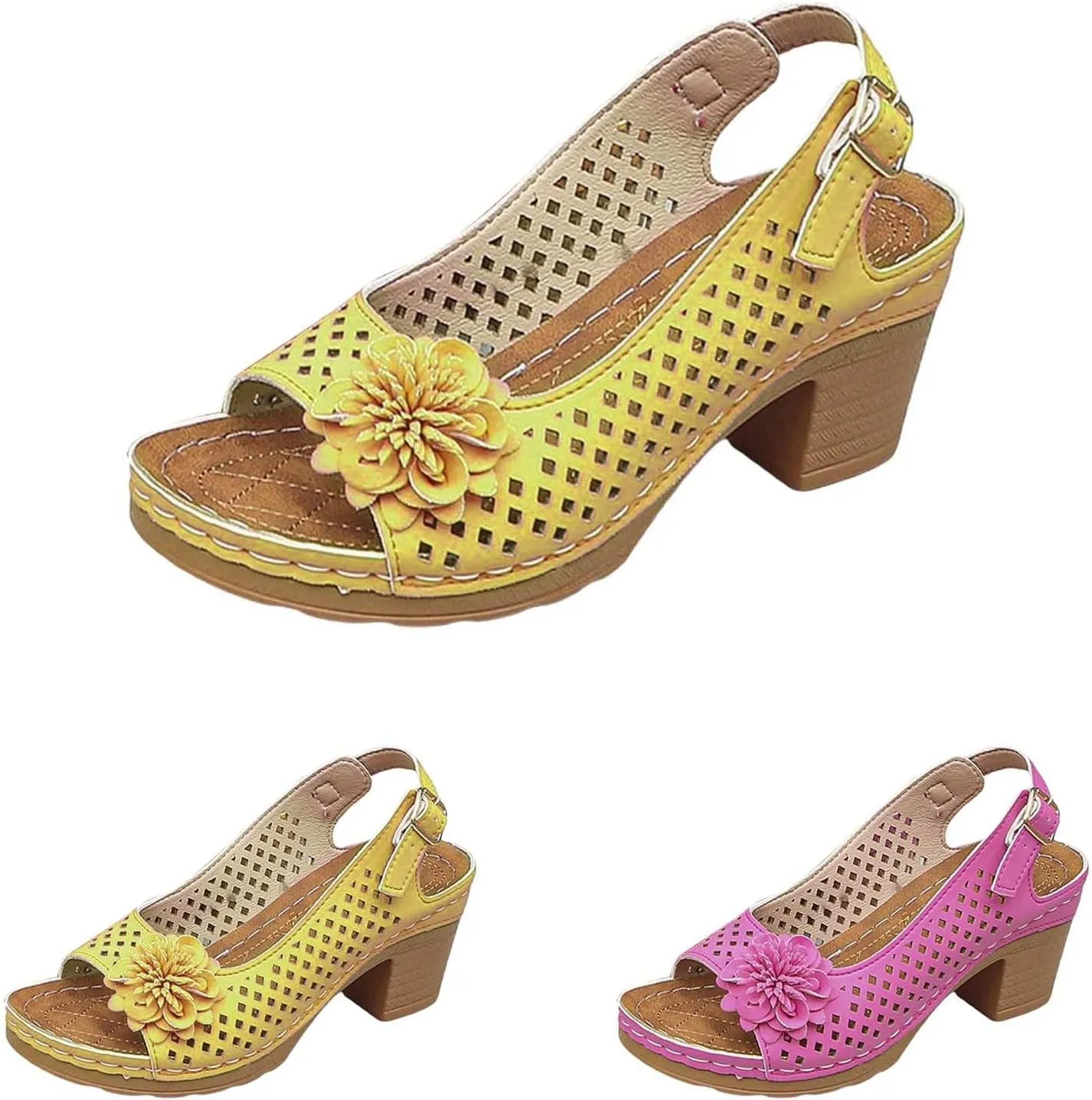 Womens Chunky High Block Heels with Ankle Strap Fish Mouth Flowers Sandals 2025 Summer Trendy Dressy Casual Hollow Out Platform Wedge Shoes