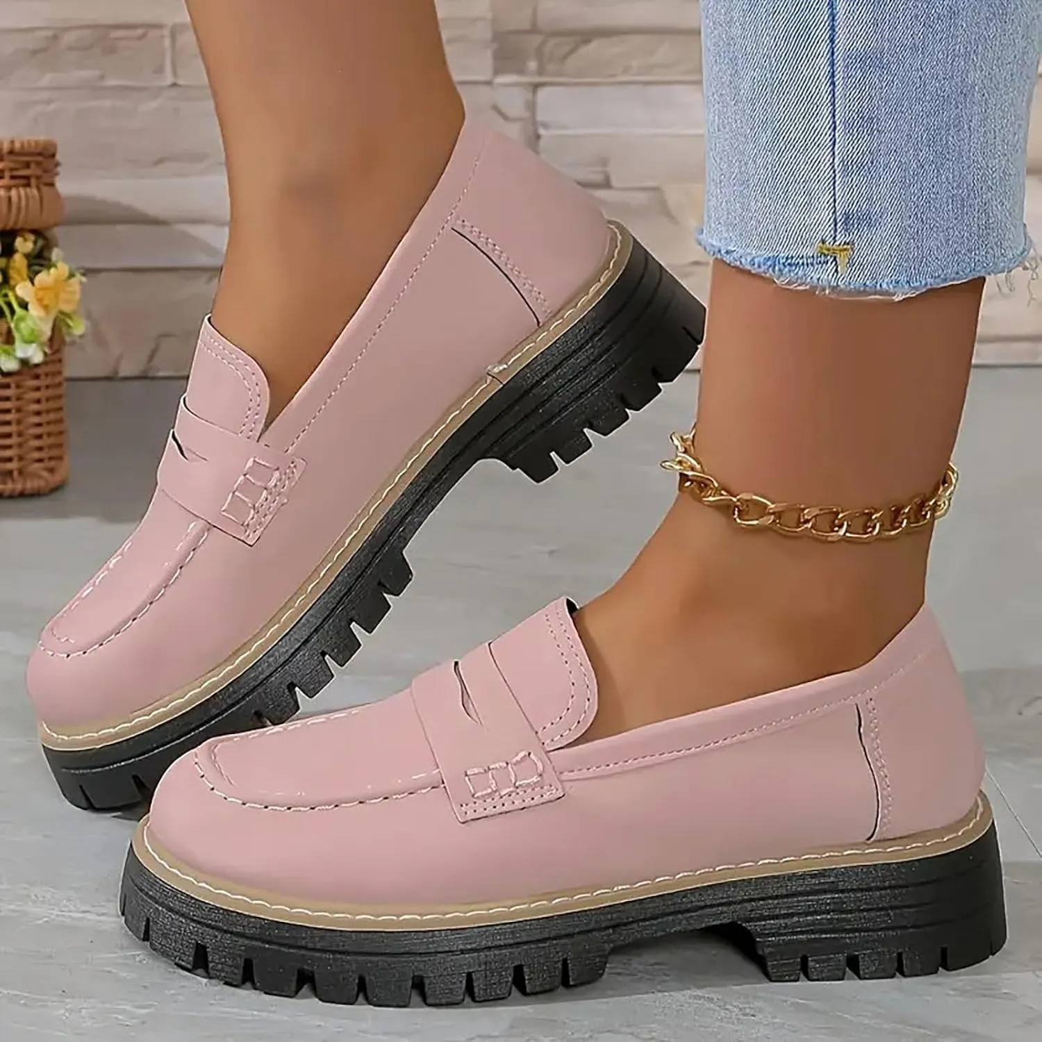 Womens Chunky Loafers Platform Work Shoes Dress Penny Loafers Comfortable Office Shoes Casual Leather Shoes