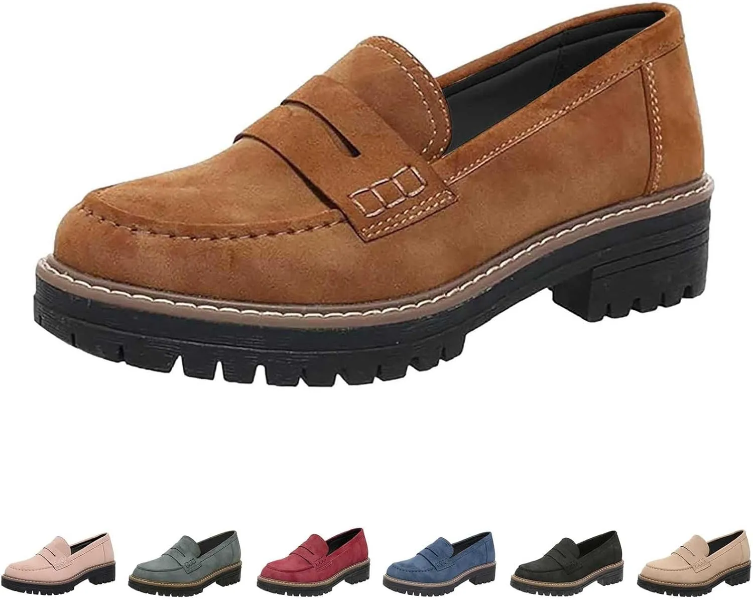 Womens Chunky Loafers Platform Work Shoes Dress Penny Loafers Comfortable Office Shoes Casual Leather Shoes