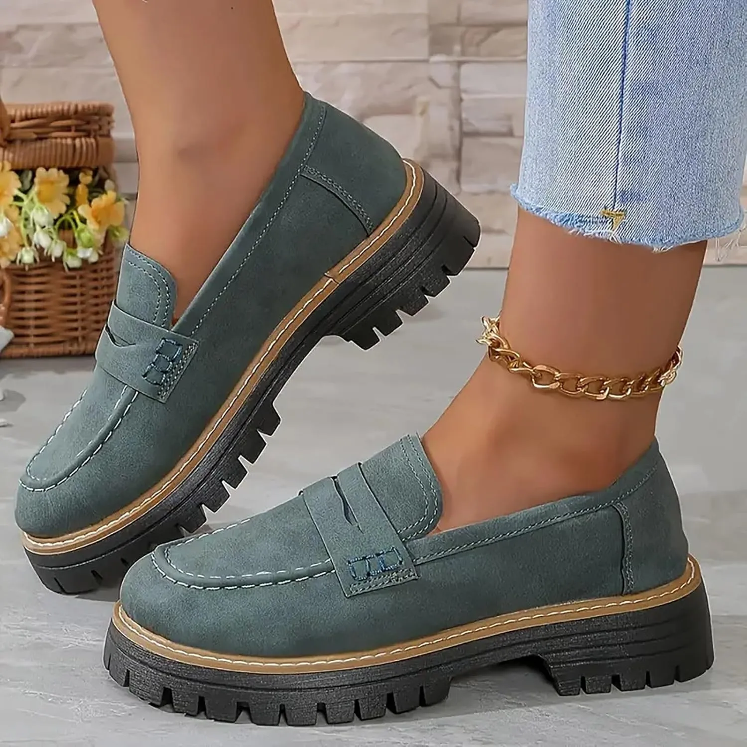 Womens Chunky Loafers Platform Work Shoes Dress Penny Loafers Comfortable Office Shoes Casual Leather Shoes