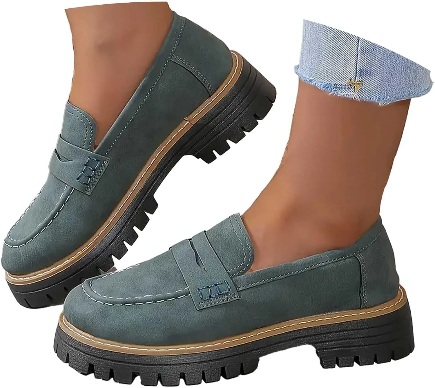 Womens Chunky Loafers Platform Work Shoes Dress Penny Loafers Comfortable Office Shoes Casual Leather Shoes