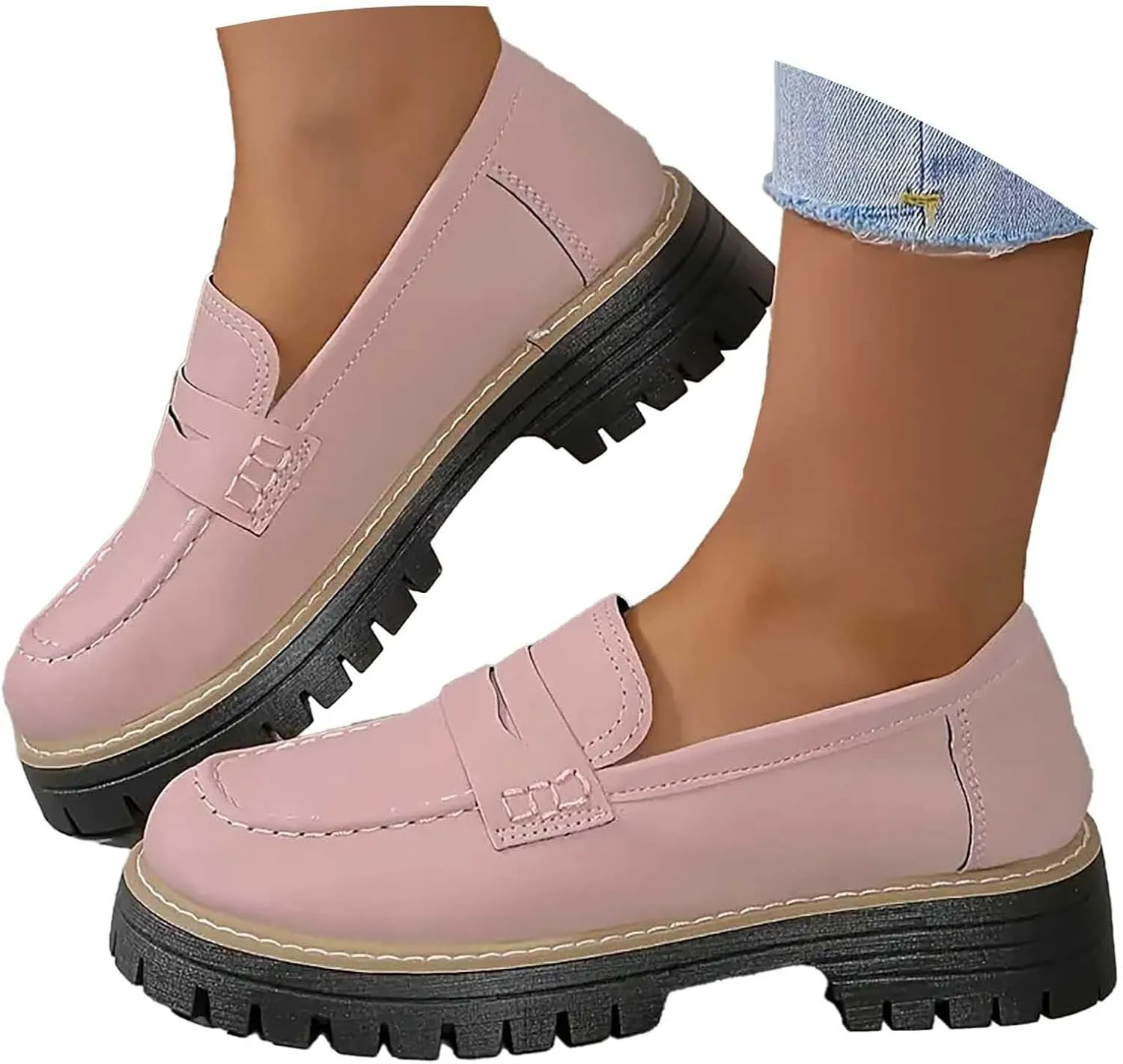 Womens Chunky Loafers Platform Work Shoes Dress Penny Loafers Comfortable Office Shoes Casual Leather Shoes