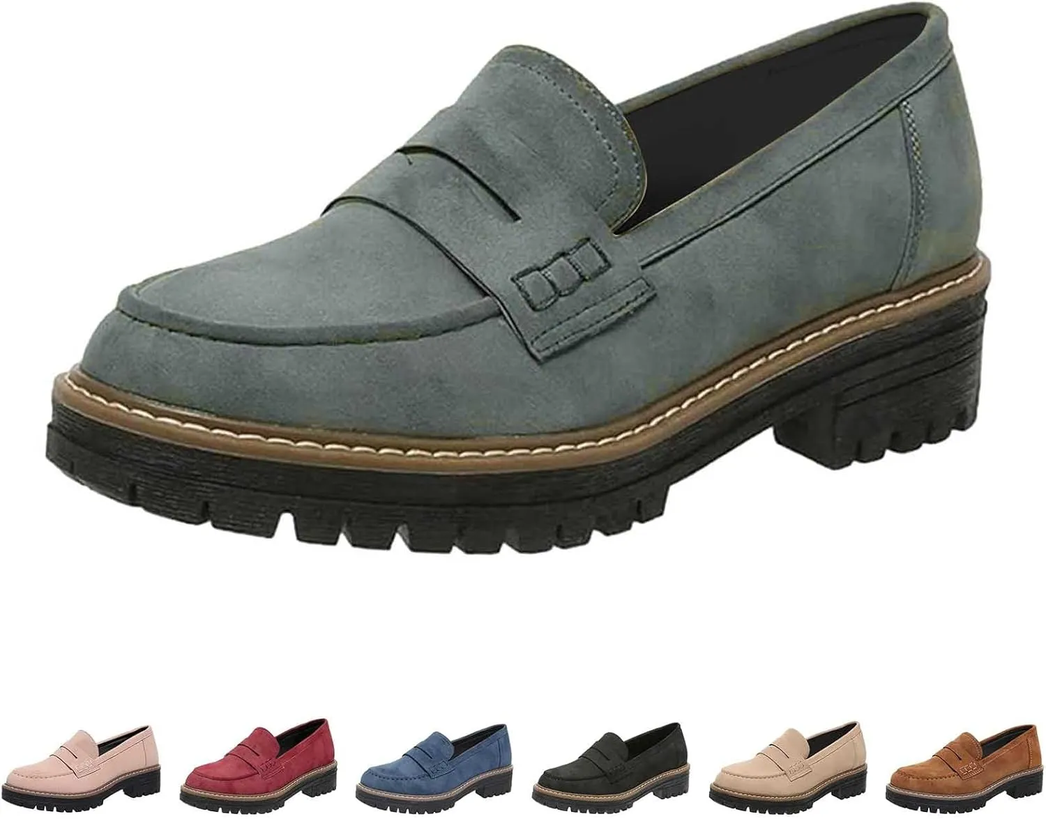 Womens Chunky Loafers Platform Work Shoes Dress Penny Loafers Comfortable Office Shoes Casual Leather Shoes