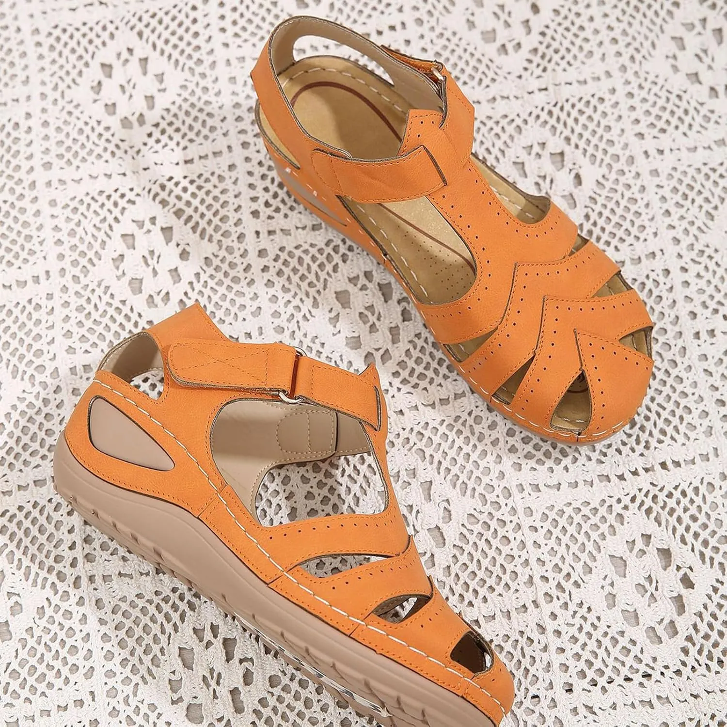 Womens Closed-Toe Boho Gladiator Sandals  Slip-on Wedge Platform with Adjustable Ankle Strap Non-Slip Sole for Summer Beach, Casual Walking & All-Day Comfort Shoes 2025