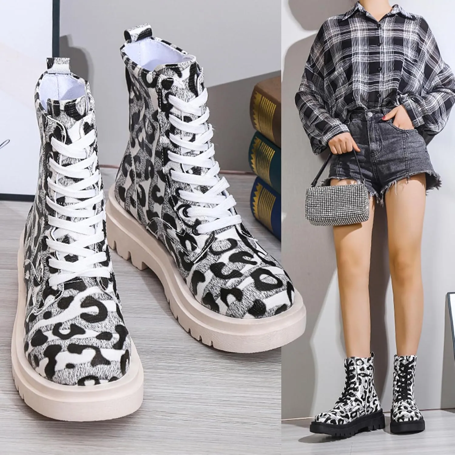 Womens Combat Ankle Boots Lace Up Platform Motorcycle Boots Lace Up Lug Sole Goth Boots Punk Booties for Women