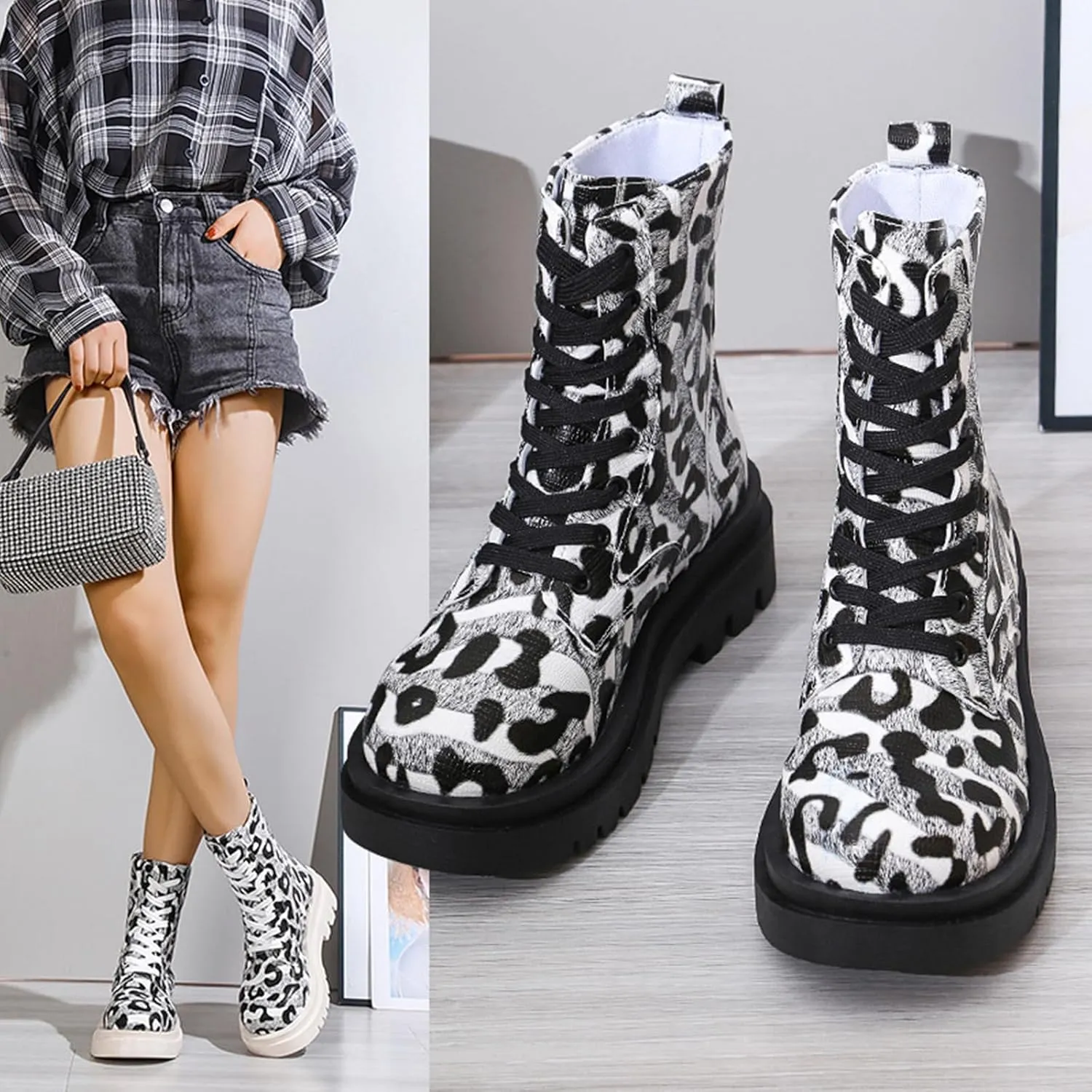 Womens Combat Ankle Boots Lace Up Platform Motorcycle Boots Lace Up Lug Sole Goth Boots Punk Booties for Women