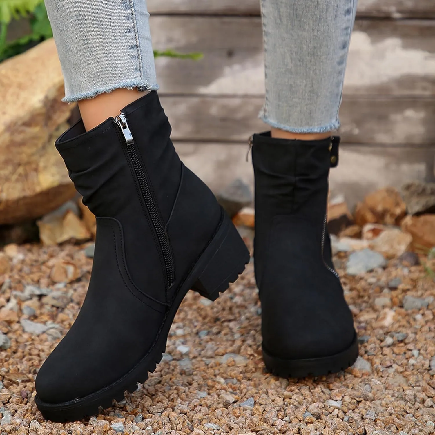 Women's Combat Boots Side Zip up Low Heel Ankle Boots Stacked Chunky Block Heels Booties Casual Comfy Booties