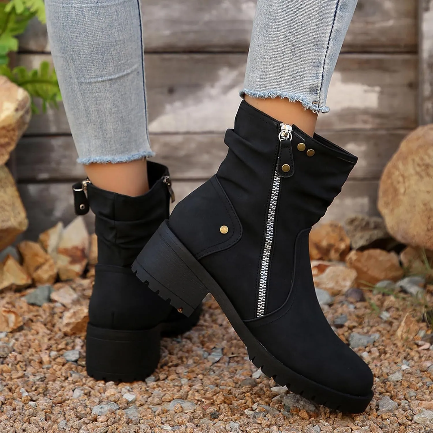 Women's Combat Boots Side Zip up Low Heel Ankle Boots Stacked Chunky Block Heels Booties Casual Comfy Booties