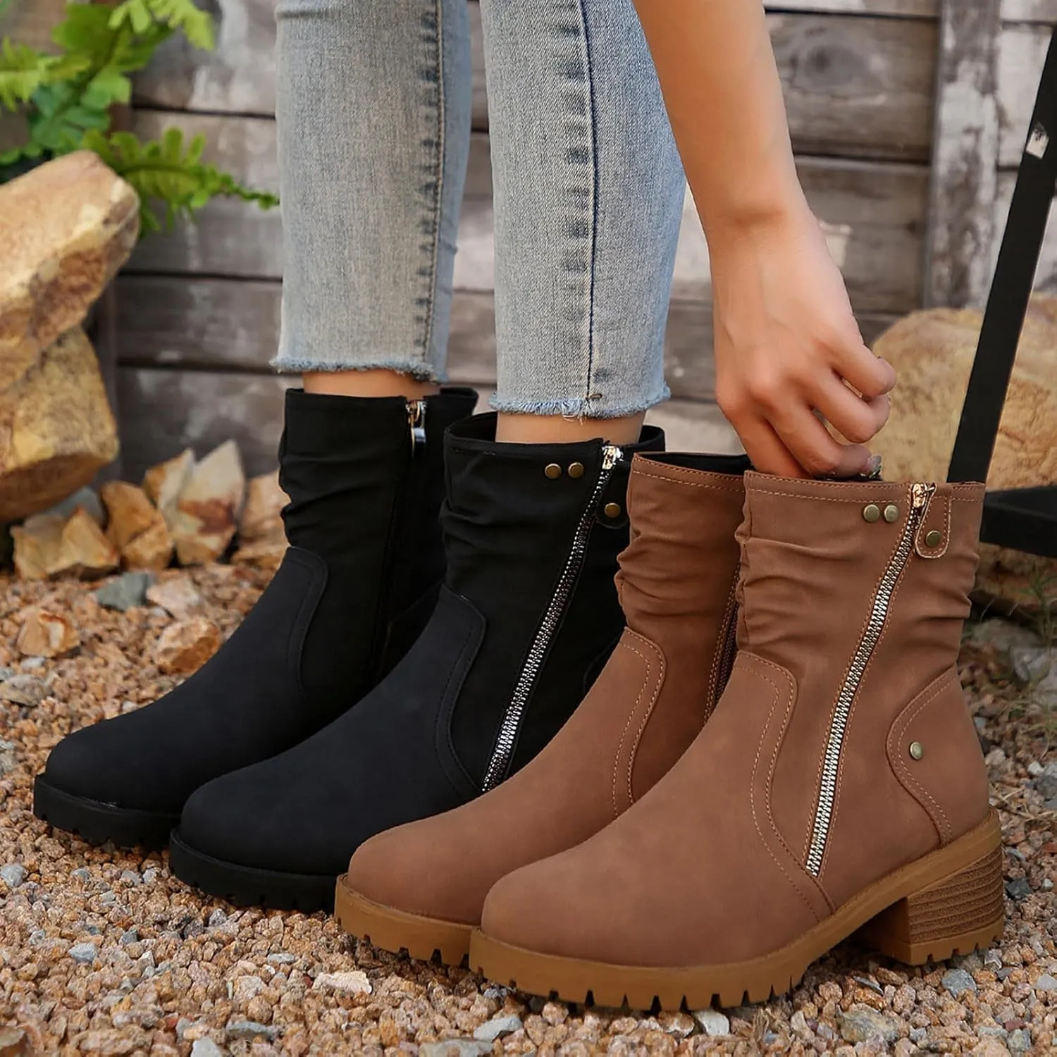 Women's Combat Boots Side Zip up Low Heel Ankle Boots Stacked Chunky Block Heels Booties Casual Comfy Booties