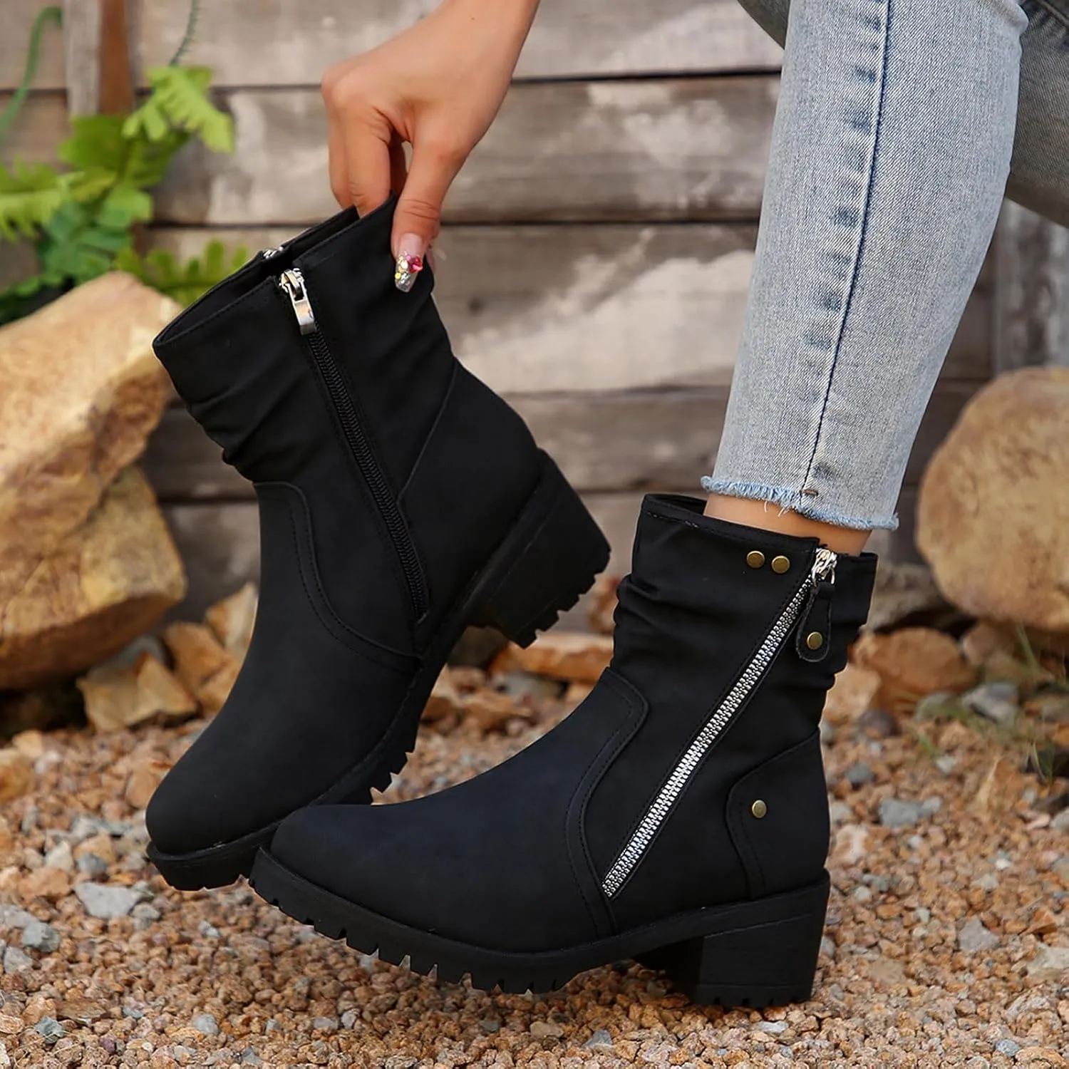 Women's Combat Boots Side Zip up Low Heel Ankle Boots Stacked Chunky Block Heels Booties Casual Comfy Booties