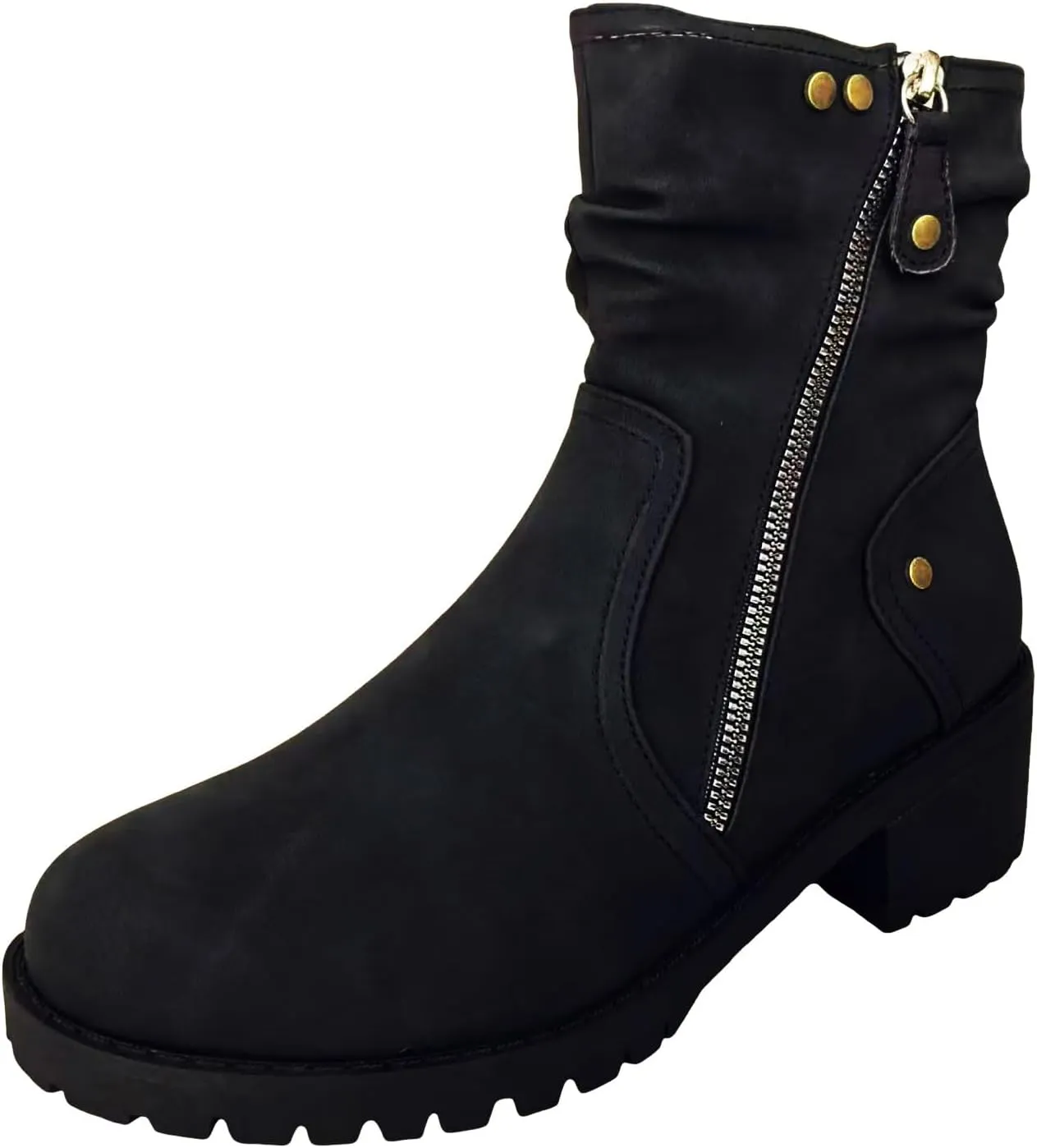 Women's Combat Boots Side Zip up Low Heel Ankle Boots Stacked Chunky Block Heels Booties Casual Comfy Booties