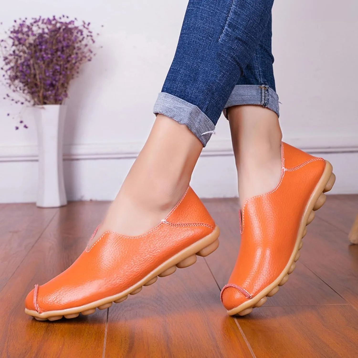 Women's Comfort Walking Boat Shoe Breathable Walking Office Flat Loafer Casual Leather Flats Slip On Driving Loafers Comfortable Orthopedic Shoes