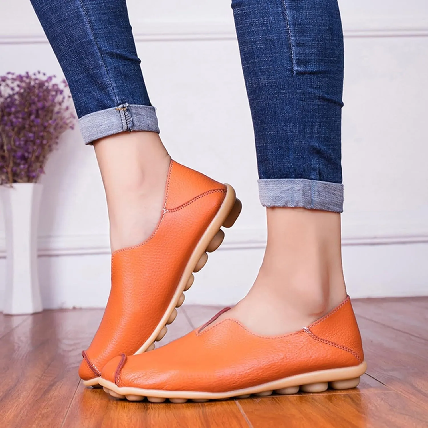Women's Comfort Walking Boat Shoe Breathable Walking Office Flat Loafer Casual Leather Flats Slip On Driving Loafers Comfortable Orthopedic Shoes