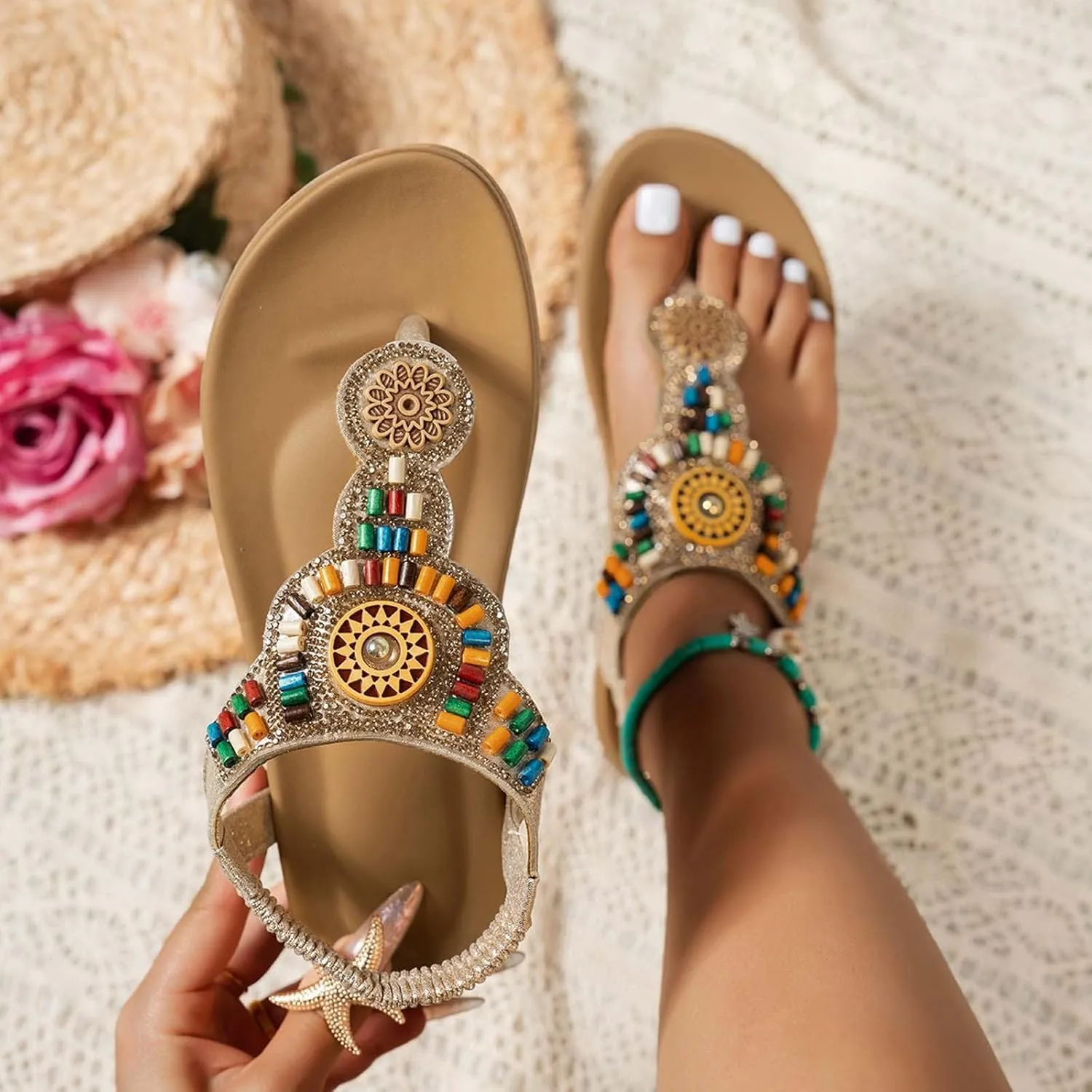Women's Comfortable Summer Sandals For Casual Wear Beach Vacation Slip On Flat Sole Open Toe Thong Design