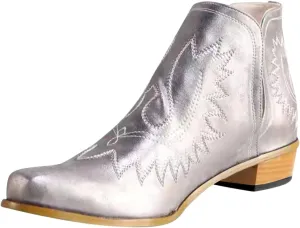 Women's Cowboy Boots Leather Low Heel Slip On Cowgirl Boots V Cut Cutouts Embroidered Western Ankle Booties